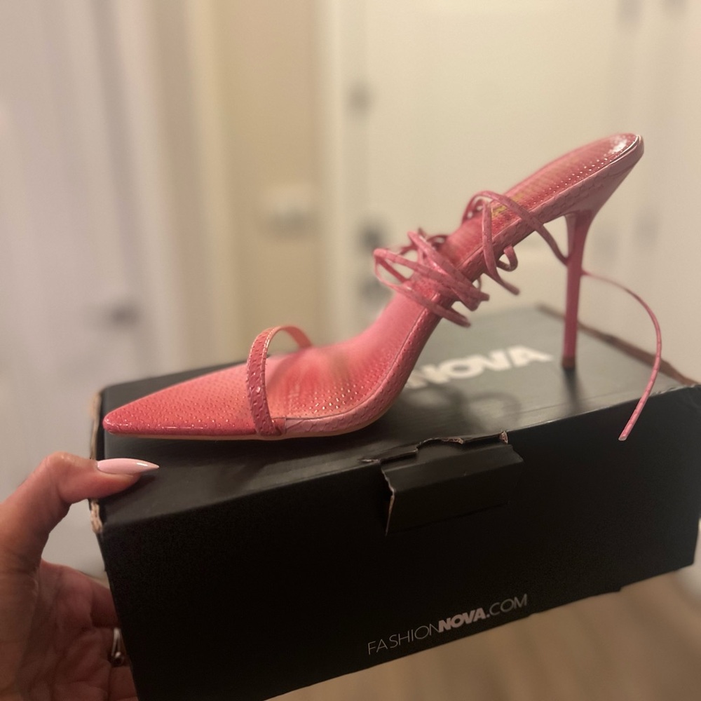 Pink snakeskin lace up heels